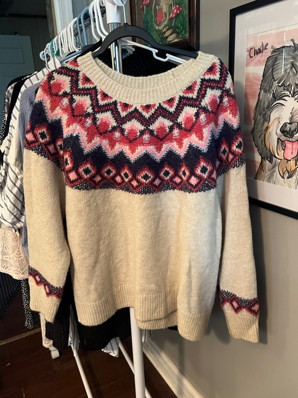 Old Navy Cream Crewneck Sweater with Pink and Navy Nordic Yoke